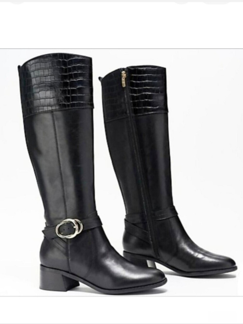 Marc Fisher Hailin Black Wide Calf Croc Embossed Leather Riding Boots